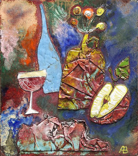 Натюрморт с яблоком, эмаль на меди, 2009г.